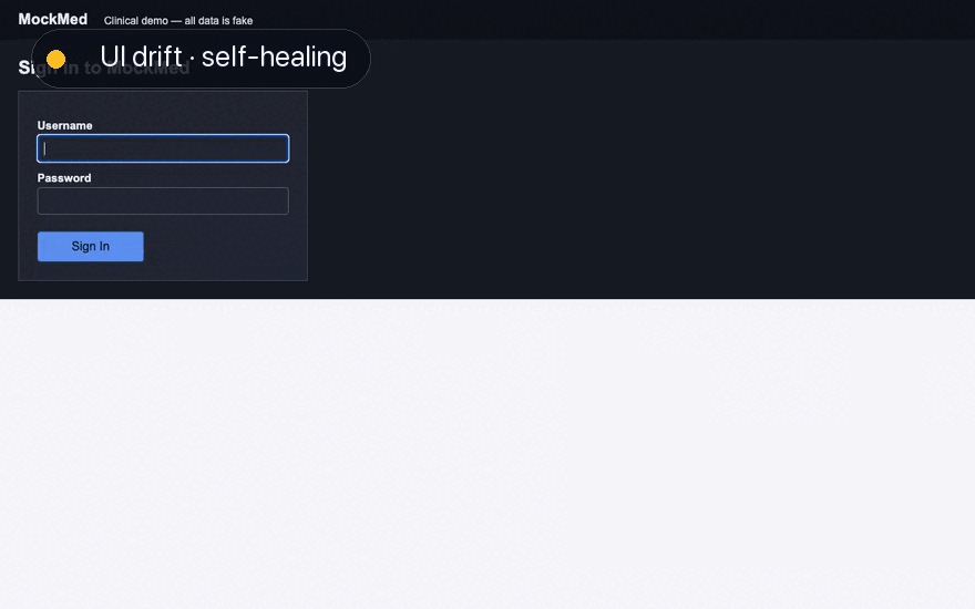 OpenAdapt replaying against a drifted UI: the fallback ladder still finds each target and proposes the anchor fix as a reviewable diff.